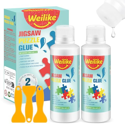 Weilike 2 x 120ml Colle Transparente pour Puzzles,Adhesif Non Toxique à Séchage Rapide avec Applicateur Éponge - Facile à Utiliser pour Préserver Vos Œuvres de Puzzle