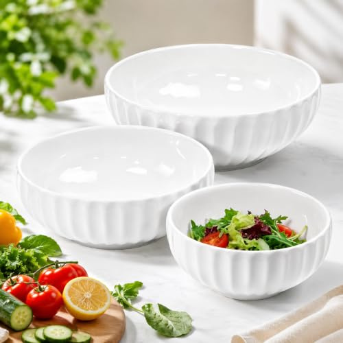 Xygobla 3PCS Large Ceramic Serving Bowls Set | 2.5L + 1.5L + 0.7L Porcelain Soup Salad Bowls, Dishwasher & Microwave Safe Bowls for Noodle, Fruit, Pasta & Cereal