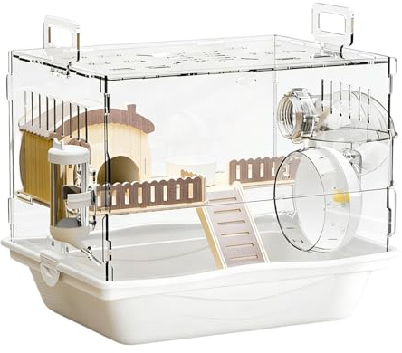 Hamsterkäfig Acryl 2 Etagen Kleintierkäfig für Zwerghamster Mäuse & Gerbile, Nagerkäfig mit Zubehör & Versteck, Modernes Hamsterheim mit breiter Tür & Klarsicht Design für kleine Haustiere