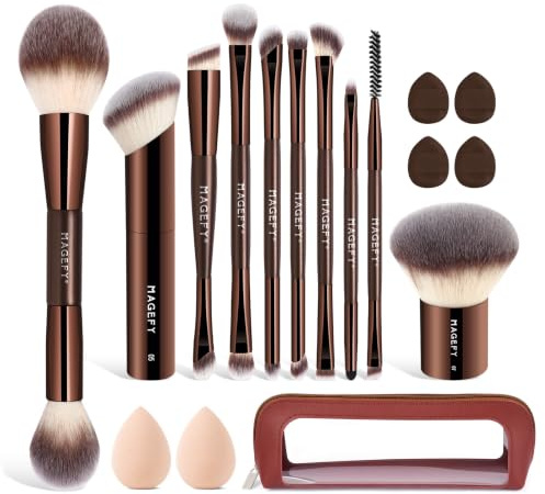 Pinselset Makeup 19 Stück Doppelseitige Make-up Pinsel Professionelles Pinselset mit Kosmetiktasche 8 Puderquaste, Synthetische Kabuki Make-up Pinsel für Puderlidschatten und Rouge für Reisen