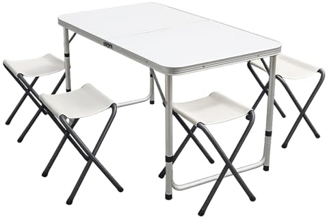 Gr8 Garden Portable Folding Camping Table with 4 Stools, Adjustable Height Picnic Table Set, Aluminium Frame Outdoor Dining Table for Garden, Beach, Festival, BBQ, Caravan