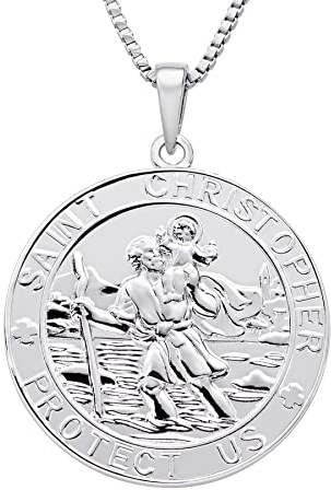 FJ Heiliger Christophorus Kette/Armband 925 Sterling Silber Antiqued Religiöser Beschützer Talisman Schmuck für Herren Damen, Runde/Medaille/Oval/Quadratisch/Medaillon