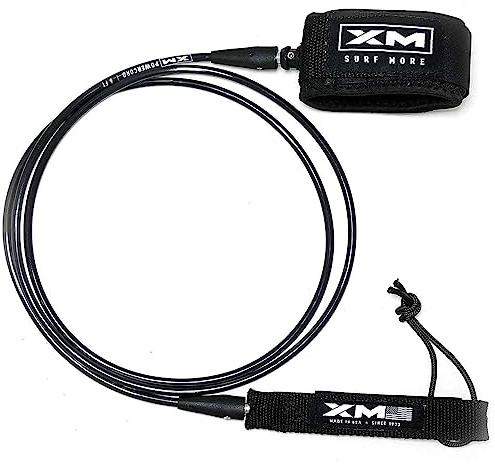 XM SURF MORE Premium Surfboard Leash, 6ft, Made in USA, Comp Cord Thickness (0.220in), Key Pocket, Unbreakable Swivels, Detachable Railsaver, All Black, Kink-Free [3 Year Warranty]