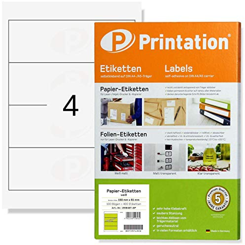 Printation Etichette per raccoglitori, larghezza 190 x 61 mm, 100 dorsi, autoadesive, bianche stampabili su 25 fogli DIN A4, 1 x 4, 190 x 61 – 4