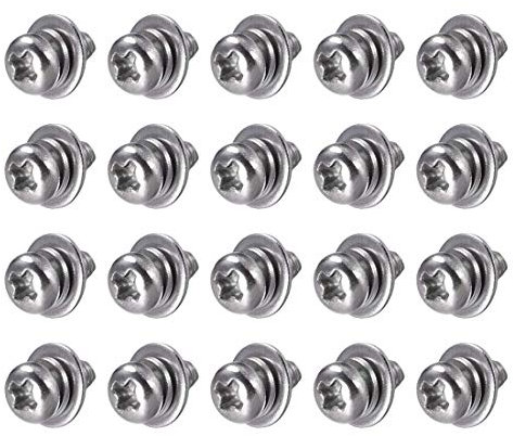 M2,5 x 5 mm aus Edelstahl Phillips mit Zylinderkopf, Zylinderkopfschrauben, kombiniert mit einer Federscheibe und flachen Unterlegscheiben, 20 Stück.