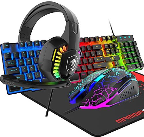 4-in-1 Gaming-Tastatur mit Kabel, 104 Tasten, 3D-Stereo-Gaming-Headset, Combo mit Multi-RGB-Hintergrundbeleuchtung, ergonomisches verstellbares Mikrofon, 2400 DPI, großes Mauspad, wasserdicht