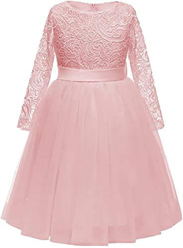 Aibaowedding Mädchen Prinzessinnenkleid Langarm Spitzenkleid Tüllrock Blumenmädchenkleider Geburtstag Party Brautjungfernkleid 2-12 Jahre(Rosa,4-5Y)
