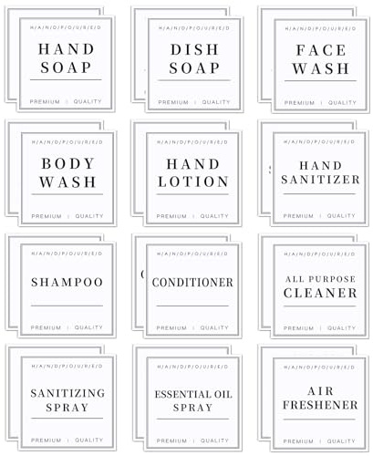 24 PCS White Waterproof Labels for Bottles, Shampoo and Conditioner Dispenser Label Stickers, Bathroom Hand Soap Label Stickers,Removable Cleaning Labels for Glass/Plastic Spray Bottle