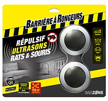 BARRIERE A RONGEURS Répulsif Ultrasons Rats et Souris, Jusqu’à 2 x 100 m², 2 Appareils, BARSONIC2
