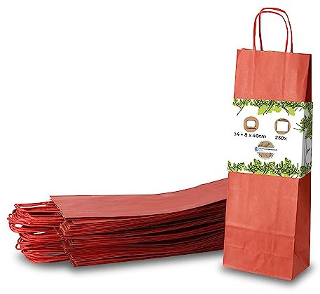 BIOZOYG Flaschentasche Geschenktüten 250 Stück 14 + 8 x 40 cm Rot - Papiertüten Weintasche kompostierbar nachhaltig - Flaschentüte Geschenkverpackung Wein Likör Rum