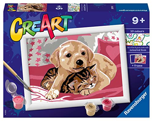 Ravensburger - CreArt Serie E, Perritos sobre la Manta, Pintura por Numeros, Kit de Pintura para Niños, Juego Educativo para Niños de 9+ Años, 22x16 cm