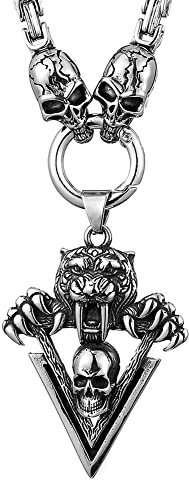 WDBAYXH Herren Gothic Tiger Totenkopf Anhänger Totenkopf Byzantinischen Königskette Halskette, Handgefertigt Biker Edelstahl Schwere Lange Kette Charm Amulett, Persönlichkeit Punk Schmuck,50CM