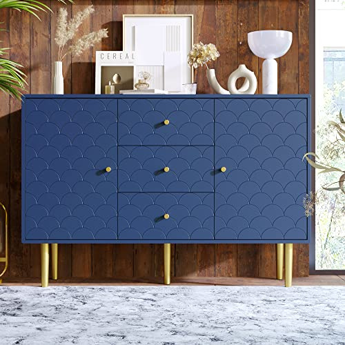 Merax Cassettiera con 3 cassetti e 2 ante, Cassettiera camera da letto, mobile Buffet con Maniglie e Gambe Dorate, Comò in legno, per Corridoio ufficio, Mobili per il soggiorno, blu navy, 120x40x82cm