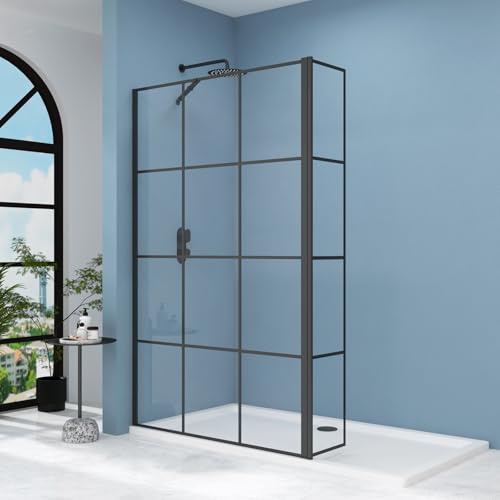 Milan 700mm Matt Black Walk in Wet Room Shower Screen Grid for Enclosure with 300mm Flipper Panel 8mm Easy Clean Toughened Safety Glass & Top Support Arm