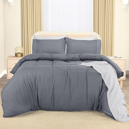 Utopia Bedding Double Duvet Cover Set - Duvet Cover Double with Embroidered Pillowcases - Soft Microfibre Polyester Bedding (Grey)