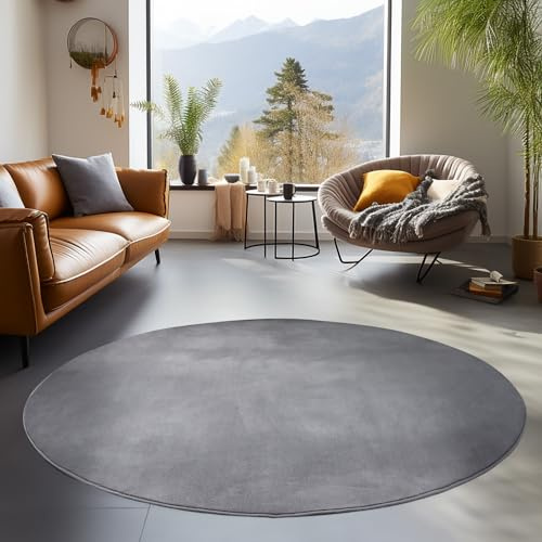 SIMPEX Waschbarer Teppich Rund 160 cm Grau Einfarbig Kurzflor Modern Weich rutschfest Pflegeleicht Maschinenwaschbar für Wohnzimmer Schlafzimmer Esszimmer