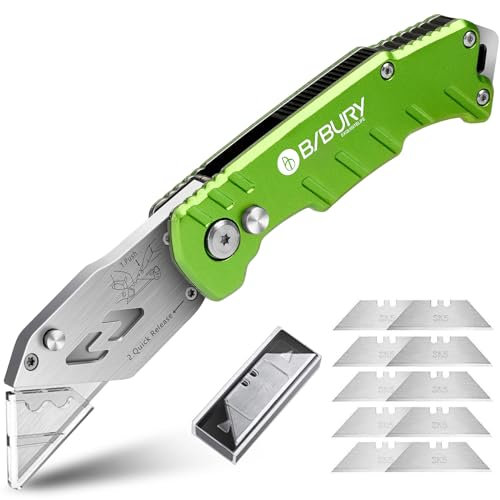 BIBURY Cutter Professionnel, Couteau de Poche avec 10 SK5 Lames Supplémentaire, Couteau en Acier inoxydable fourni Bouton de Déclenchement Rapide et Poignée Ergonomique - Vert Olive
