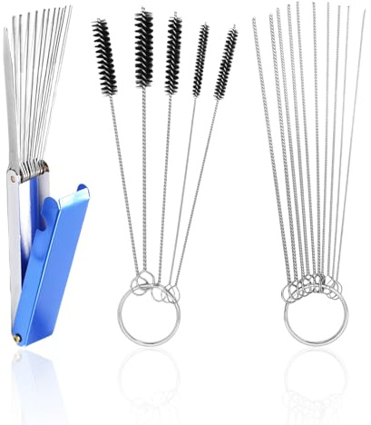 1 juego de cepillos de limpieza para carburador, 5 cepillos de limpieza + 10 agujas de limpieza + 1 juego de limpieza, agujas de limpieza de acero inoxidable, adecuado para motocicletas y coches