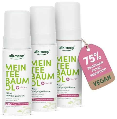 alkmene Mitt teeträdolja, rengöringsskum, ansikte 3 x 150 ml – finnar reducering 75 % bekräftad – naturlig teeträdolja, veganskt och klimatneutralt – tvättskum för oren hud – ansiktsrengöringsskum