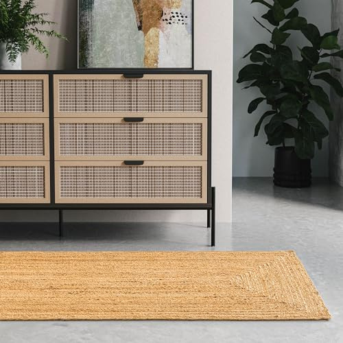 Interiyou Tapis Jute Juno - 80x250 Marron Clair - Tissée à la Main - pour Salon, Salle à Manger, Cuisine, Couloir - Fibres Naturelles 100% - Durable & Solide - Style bohème
