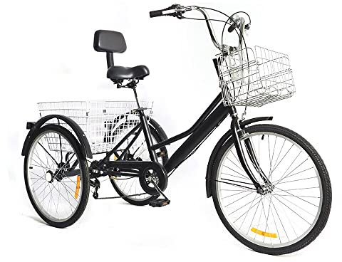 KLOOLIVE Erwachsene Dreirad 24 Zoll 7 Gang 24 120kg Tragfähigkeit 3 Rad Bike Fahrrad Tricycle Schwarz Lastenfahrrad mit Einkaufskorb für Herren Damen(Nicht faltbar)
