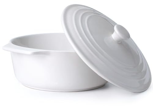 NUTRIUPS Casseruola rotonda in ceramica con coperchio, adatta al forno, 23 cm, in gres porcellanato, teglia bianca con coperchio