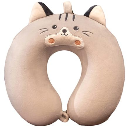 Kinder Reisekissen Memory Foam Cartoon Tier Nackenkissen Kopfstütze Süß Nackenhörnchen Waschbar Nackenstützkissen Reise Schlafkissen für Auto Flugzeug (Graue Katze)