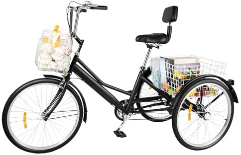 MINRS 24 Zoll Senioren 3-Rad Fahrrad und Dreirad für Erwachsenemit Einkaufskorb, 7 Gang Lastenfahrrad Seniorenrad, Tricycle für Picknicks Outdoor Shopping,Schwarz
