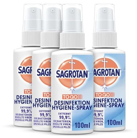 Sagrotan To Go Hygiene Pumpspray – Desinfektionsmittel für Textilien und Oberflächen im Haushalt – 4 x 100 ml Sprühflasche im praktischen Vorteilspack