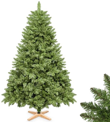 Premium Weihnachtsbaum künstlich 180cm - mit Holzständer, Nordmanntanne, Künstlicher Tannenbaum, Naturgetreu, dichte Zweige (grün mit LED, 180cm)