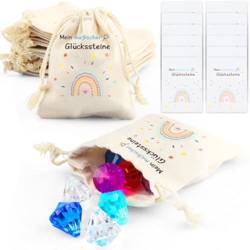 Glückssteine Geschenkset für Kinder | 12 Schatzsteine + 12 Jutesäckchen + 12 Glückwunschkarten | Ideales Mitgebsel für Kindergeburtstag, Wichtelgeschenk & Geschenkverpackung