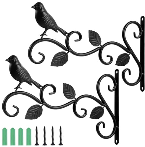 Lanjue 2 Pack Hanging Basket Bracket with Screws, Wall Mounted Hook Bird | For Plants, Lanterns and Bird Feeders, Solid Steel, Black Finish, Outdoor Wall Mount, Use with Light To Medium Loads