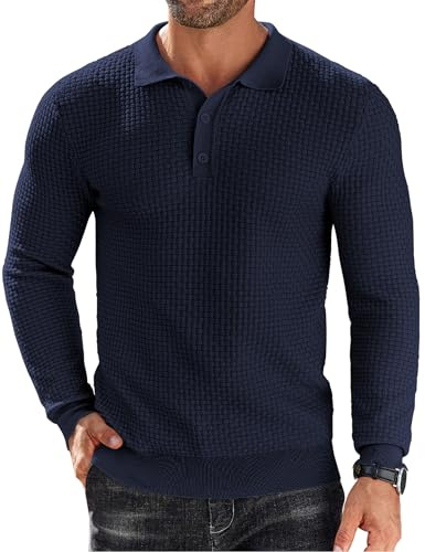 COOFANDY Mens Long Sleeve Polo Shirts Knitted Waffle Jumpers | Men's Polo Shirt, Knitted Jumpers, Regular Fit, Waffle Tops, Casual Smart