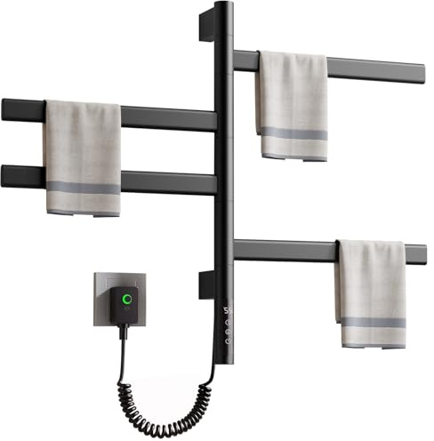 DOKKOME Rotazione di 180° Bagno Asciugamani Elettrico, Scaldasalviette Elettrico, Radiatore da bagno 220V 71w con Timer e Termostato 30-70℃ Nero