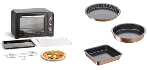 LOT Moulinex Four électrique posable 39 L, chaleur tournante, 7 modes de cuisson, Thermostat 240°C, Optimo OX485810 +Tefal Airbake Moule à manqué 23cm + Moule à cake 23cm carré + Moule à tarte 27cm