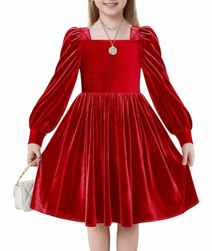 Arshiner Niñas Vestidos Terciopelo Invierno Elegante Festivo con Cuello Cuadrado Mangas de Linterna Casual Manga Larga Vestidos para Niños 12-13 Años Rojo