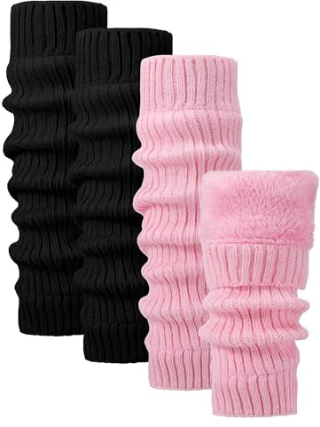 Shihanee 2 Pairs Winter Fleece Lined Leg Warmers for Women Warm Long Boot Socks Knit Thick Calf Warmers for Skating Walking, Black, Pink, One Size
