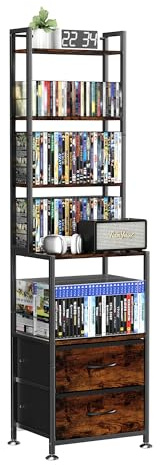 PAPAGIFTREE CD Rack and Storage with Two Drawers, 5-Tier DVD Shelf and Rack, CD Storage Tower and Holder for DVDs, Books and Media Games, Movie Collection and Decor, Ideal for Living Room, Home