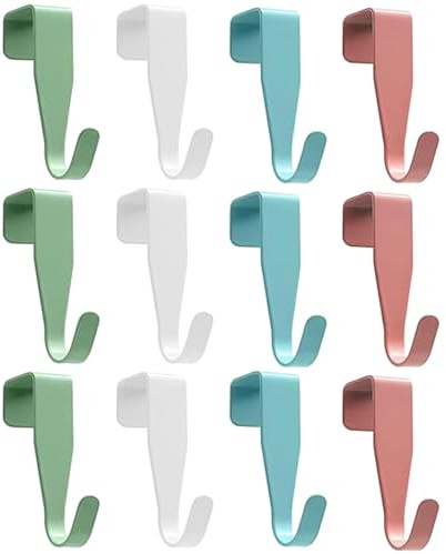Epunk 12 Pack Carbon Steel Over Door Hooks - No Drill Hangers 2kg Capacity for Wardrobe Cupboard Bathroom Multi Colour White Green Blue Red Space Saving