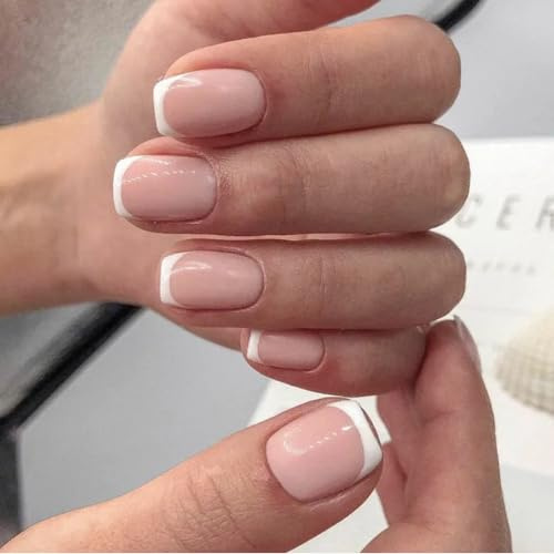 Square French Press-On Nails - 24pcs Classic French Tip False Nails | Full Cover Nude White Square Reusable Acrylic Nail Extensions - Easy Application for Salon-Style Manicure at Home
