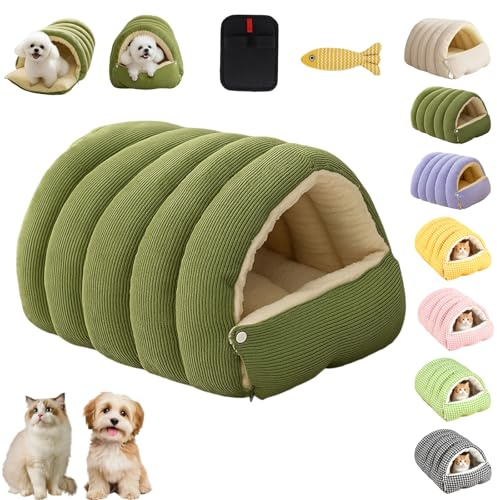Liocwocne Cozy Monster Cat Bed, Soft Plush Winter Cave Style Pet Bed with Removable & Washable Cushioned, Warm Cats House Tent Bed in Indoor for Cats, Kittens And Small Dogs (Light Green,M)