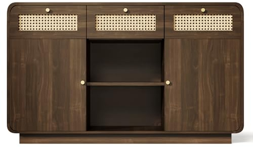 Commode buffet 120 cm en noyer – Commode à tiroirs avec rotin et poignées dorées, 3 tiroirs, 2 armoires + étagère ouverte, étagères réglables en hauteur, buffet style maison de campagne, 85 x 120 x 40