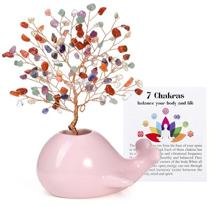 JSDDE 7 Chakra Kristallbaum mit Delphin Keramik-Basis Feng Shui Baum Deko Lebensbaum Geldbaum Heilsteine Glückbaum Glücksbringer Dekoration für Hause Wohnung Büro Zimmer