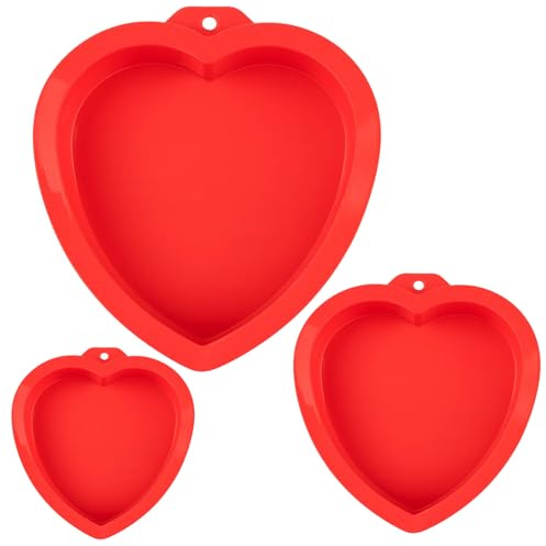3Pieces 4, 6, 8 Inch Heart Cake Tin, Red Silicone Cake Mould for Baking, Heart Cake Tin, Heart Shaped Cake Tin Set of Non-Stick and Easy to Clean, Nonstick Baking Tins for Love