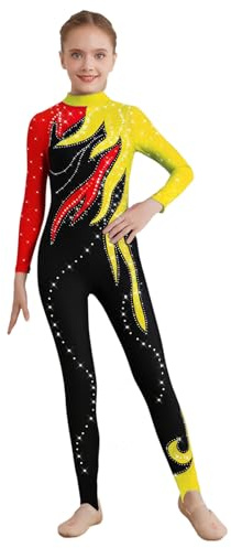 inlzdz Mädchen Gymnastikanzug Langarm Glitzer Turnanzug Lang Overall Jumpsuit Trikt mit Strass Ballett Turnen Kleidung Bühnen Wettkampf