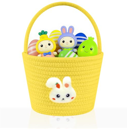 Easter Baskets Empty for Kids - Adorable Bunny Egg Basket with Handle, Lightweight Durable Compact Reusable Round Oval, Perfect for Egg Hunts, Gifting, Holiday Decorations & Party Gifts (Yellow)