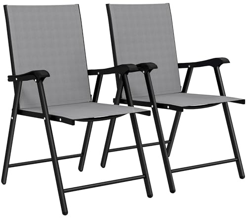 Outsunny Set di 2 Sedie da Giardino Pieghevoli, Sedie da Pranzo per Esterni con Schienale Alto e Braccioli, Tessuto Traspirante Texteline e Telaio in Acciaio per Terrazzo e Balcone, Grigio Chiaro