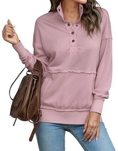Dam ståkrage sweatshirts lätt långärmad knapp pullover toppar