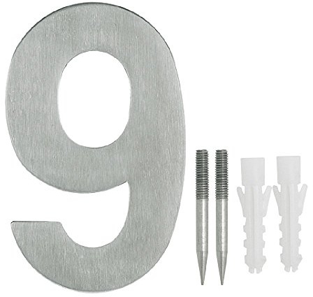 NUZAMAS Hausnummernschild 9, Edelstahl, Hausnummern, Wandmontage, 10,8 cm breit, 15 cm hoch, Installationsset enthalten