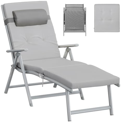 SONGMICS Lettino Prendisole, Pieghevole, Sedia a Sdraio con Materassino da 6 cm, Poggiatesta Rimovibile, Traspirante, Schienale Regolabile, Portata Fino a 150 kg, Grigio GCB24GY